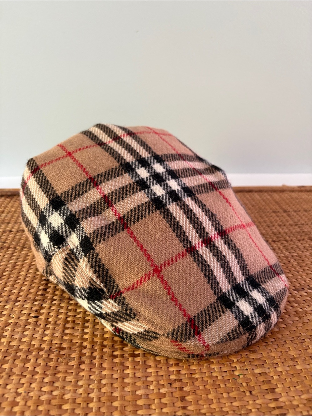 Burberry Beige Plaid Wool Newsboy Cap with Black and Red Accents